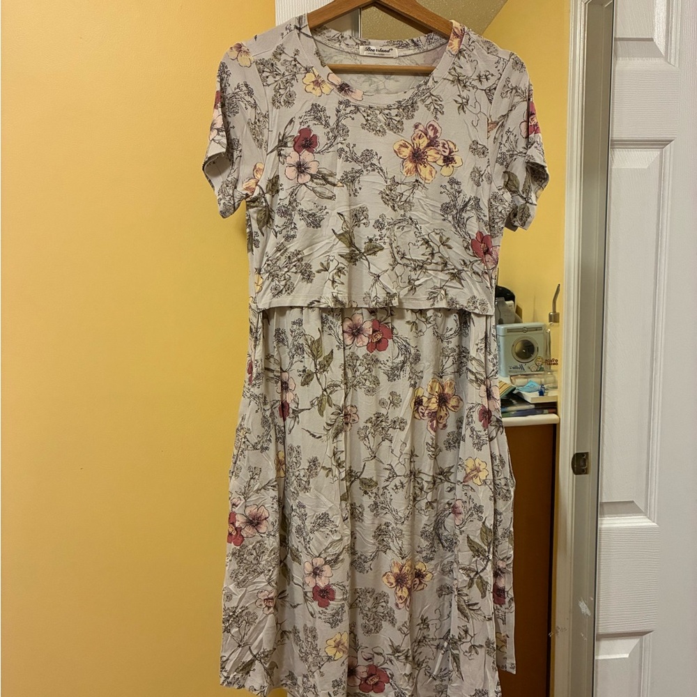 *WITH 2 POCKETS* Floral Nursing Dress - Cream with Pink and Yellow Flowers